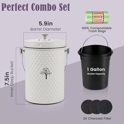 AOSION Countertop Kitchen Odorless Compost Bin with Removable Inner Bucket | 1 Gallon Composter Container,Includes 50 Compost Bags,2 Carbon Filters,Compost Bucket, ideal for food scraps,coffee grounds