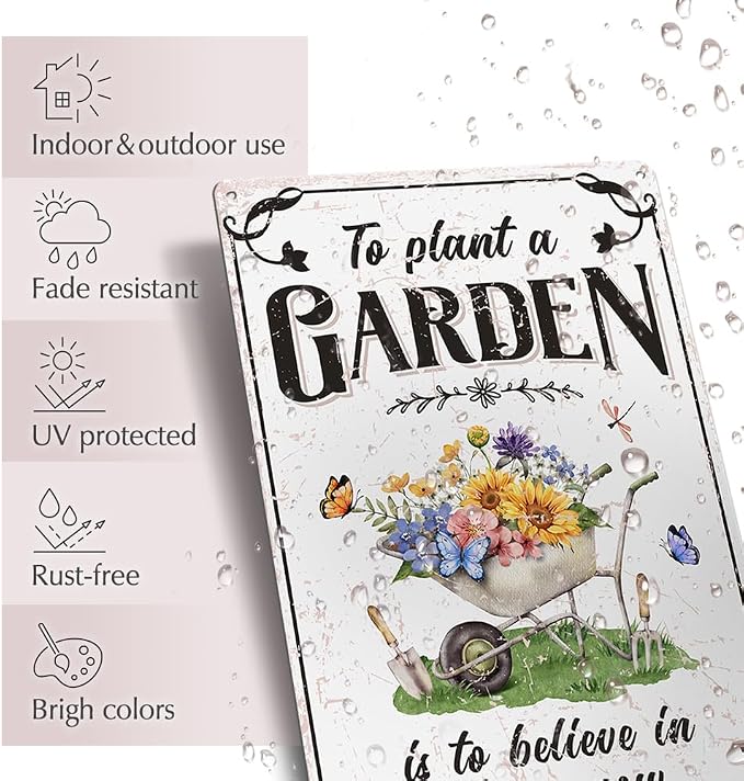 Vintage Tin Sign - 'Plant A Garden' for Home, Greenhouse - 12"x8"