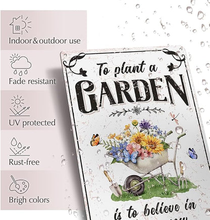 Vintage Tin Sign - 'Plant A Garden' for Home, Greenhouse - 12"x8"