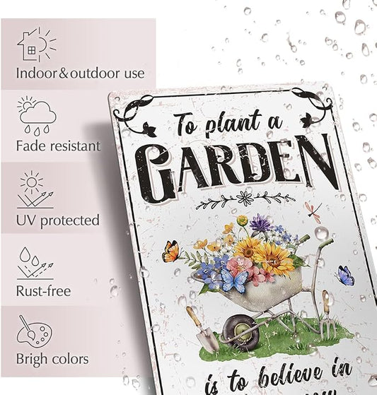 Vintage Tin Sign - 'Plant A Garden' for Home, Greenhouse - 12"x8"