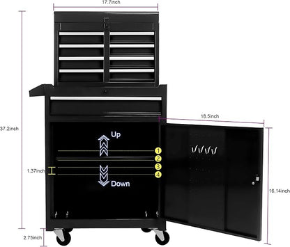 5-Drawer Tool Chest, Detachable Top Box for Garage, Black | Rolling Mobile Storage Cabinet Organizer with Lockable Wheels for Workshop Utility, Heavy Duty Metal Construction