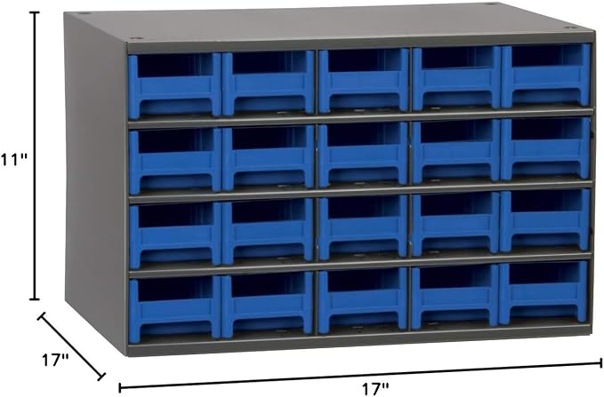 Akro-Mils Steel Garage Storage Cabinet, Small Parts Organizer Metal Cabinet for Hardware, Nails, Screws, Bolts, Nuts, and More, 17" W x 11" D x 11" H, 20-Drawer, Gray Cabinet/Blue Drawers (19320)