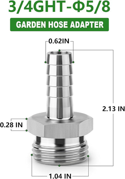 TAISHER 2PCS 304 Stainless Steel Garden Hose Repair Connector, 5/8" Barb x 3/4" GHT Male Garden Hose Adapter with Hose Clamps