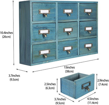 Apothecary Drawers Apothecary Cabinet with Drawers, Blue | 9 Drawer Library Card Catalog, Wooden Storage Box, Wooden Desktop Organizer with Metal Handles-Fulled Assembled