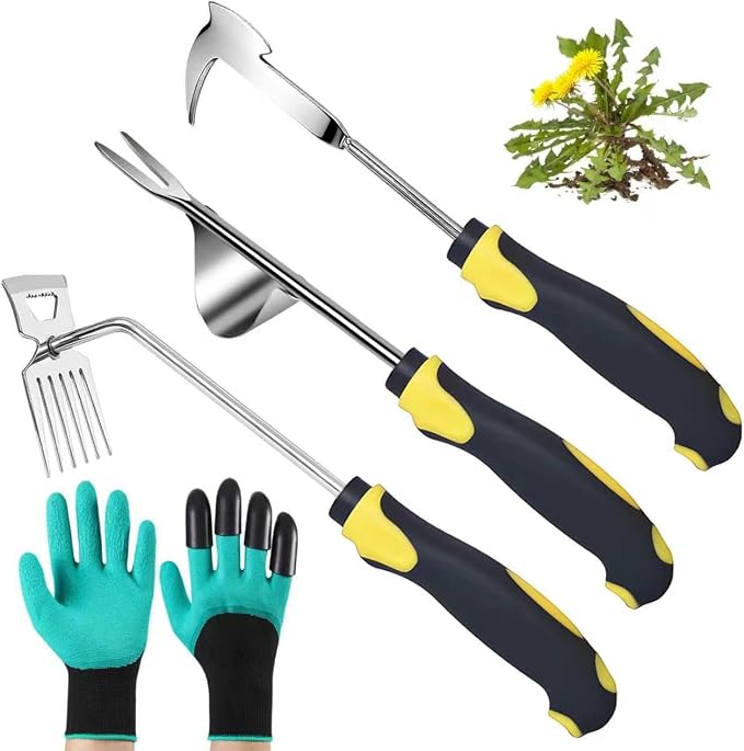 Weed Puller Tool, 3 Pack Weed Remover Tool, 6-Tine Uprooting Weeding Tools, Uprooting Puller & Crevice Weeder, Stainless Steel Garden Tools for Deep Roots, Farm & Backyard
