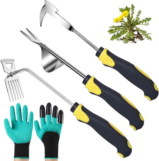 Weed Puller Tool, 3 Pack Weed Remover Tool, 6-Tine Uprooting Weeding Tools, Uprooting Puller & Crevice Weeder, Stainless Steel Garden Tools for Deep Roots, Farm & Backyard
