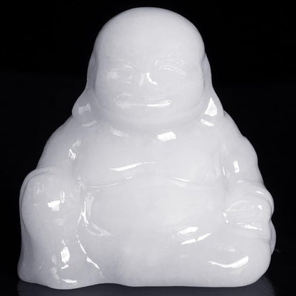 White Jade Crystal Laughing Buddha Statue Meditation Decor Spiritual Art Piece Healing Stone Figurine Zen Altar Sculpture Feng Shui Gift Yoga Space Ornament Peaceful Home Temple Collectible