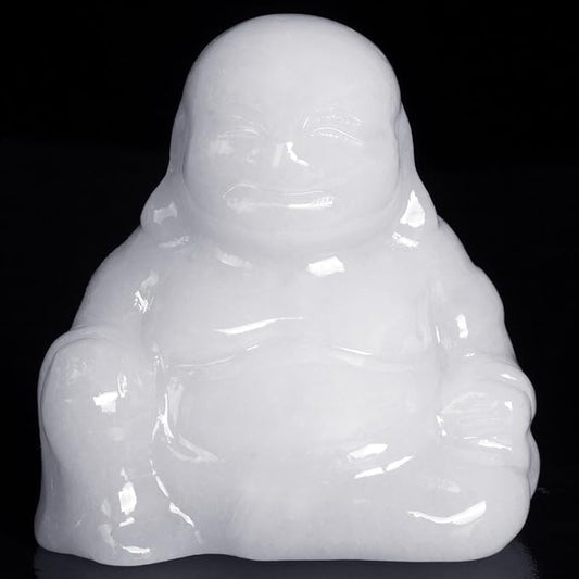 White Jade Crystal Laughing Buddha Statue Meditation Decor Spiritual Art Piece Healing Stone Figurine Zen Altar Sculpture Feng Shui Gift Yoga Space Ornament Peaceful Home Temple Collectible