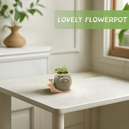 Snail Planter Small Ceramic Planter Pot Animal Planters Small Succulent Pots with Drainage Snail Decor for Living Room Room Office Desktop Decoration (Plants Not Included)