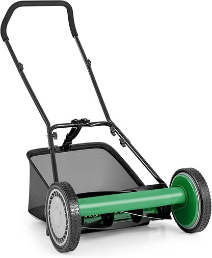 IRONMAX Lawn Mower, 16 Inch Push Reel Lawn Mower with 5 Steel Blades, Adjustable Cutting Heights, Grass Catcher Bag, Walk-Behind Manual Lawnmower for Garden Park Yard, No Motor (Green, 16 Inch)