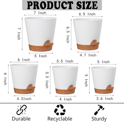 Plant Pots Outdoor Self Watering Pots, Flower Pots with Drainage Hole and Reservoir White Plastic Planters for Indoor Plants Home Decorations Gift Idea 5Pack
