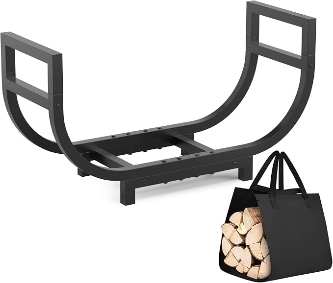 30-inch Firewood Rack Outdoor Indoor with Log Carrier Bag, Stable Log Holder Rustproof Metal Wood Rack for Fireplace Patio Deck Firepit, Heavy Duty Firewood Storage Organizer Tool, Black