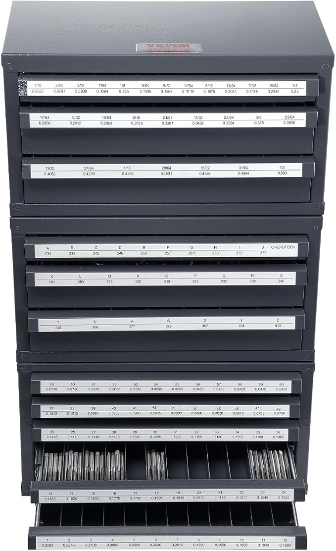 VEVOR Drill Bit Dispenser Cabinet Set, Three-Drawer for 1/16" to 1/2" & Letter Sizes A to Z, Five-Drawer Drill Bit Organizer for Wire Gauge Sizes #1 to #60, 3 Pieces