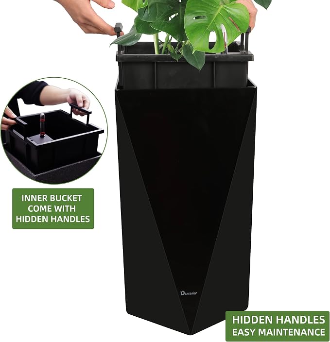 Dexceder 24 Inches Self Watering Tall Planter (Black) | Diamond High Gloss, Thickened Rhombus Large Floor Standing Flower Plant Pot with Water Level Indicator Indoor Outdoor