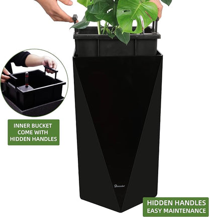 Dexceder 24 Inches Self Watering Tall Planter (Black) | Diamond High Gloss, Thickened Rhombus Large Floor Standing Flower Plant Pot with Water Level Indicator Indoor Outdoor