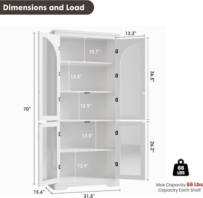 Garvee 70" Tall Kitchen Pantry Cabinet with 4 Arched Glass Doors, White | Modern Display Cabinet with Adjustable Shelves, Versatile Cupboard Organizers for Kitchen, Dining Room, Living Room, Bathroom