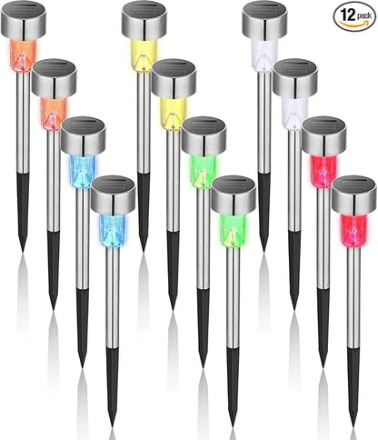 GIGALUMI Solar Garden Lights Outdoor, 12 Pack 6-Color, IP65 Waterproof Decorative Pathway Lights, Stainless Steel LED Landscape Lighting for Yard, Lawn, Walkway