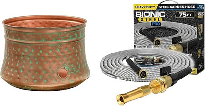 Liberty Garden 1917-G Hose Pot, Hammered, Patina & Bionic Steel PRO Garden Hose - 304 Stainless Steel Metal 75 Foot Garden Hose – Heavy Duty Garden Hose Lightweight
