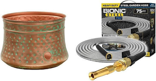 Liberty Garden 1917-G Hose Pot, Hammered, Patina & Bionic Steel PRO Garden Hose - 304 Stainless Steel Metal 75 Foot Garden Hose – Heavy Duty Garden Hose Lightweight