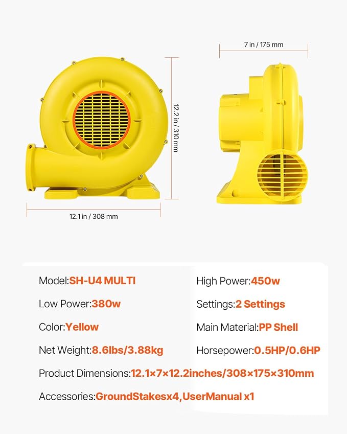 VEVOR Inflatable Blower, Electric Air Blower, Bounce House Blowing Pump, Commercial Corded Fan Pump for Castle Wate Slides Water Slide Bouncy Castle