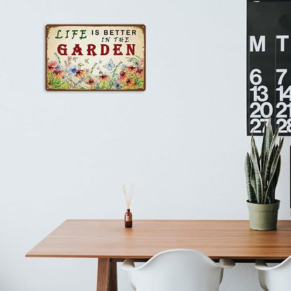 Garden Sign Vintage Gardening Metal Sign Life Is Better In The Garden Rustic Decor Funny Outdoor Gardening Metal Signs Botanical Wall Decorative 8×12 Inch