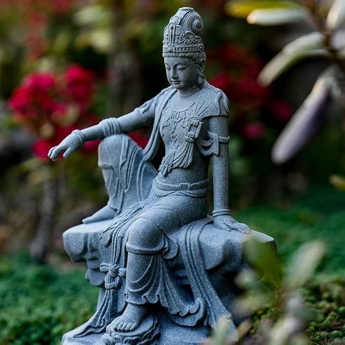 livelyfish Aquarium Buddha Statue Guanyin Buddha Sandstone Sculpture for Zen Garden Fish Tank Home Decor (L)