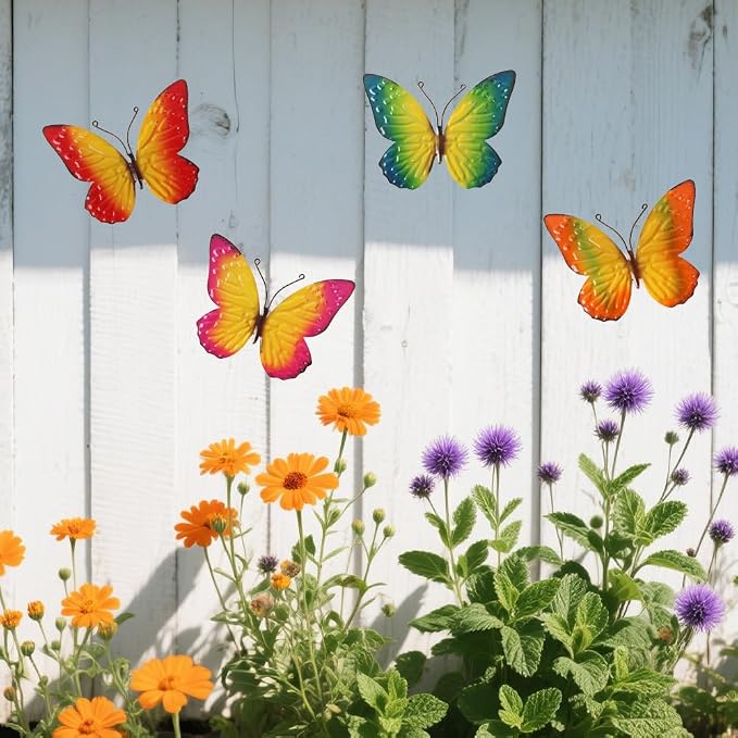 dreamskip Metal Butterfly Wall Decor Art, 4 Pack Colorful Metal Butterflies, Hand Painted for Garden, Yard, Fence, Patio, Living Room, Bedroom Decoration