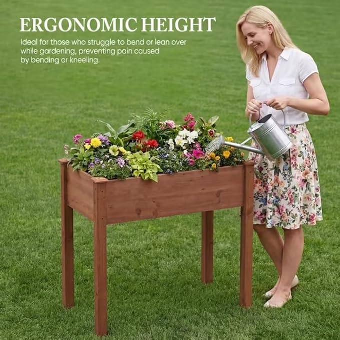 Raised Garden Bed Outdoor Planter Box with Legs - 34x18x30 Inch Cedar Wooden Elevated Planter Box with Non-Woven Liner & Drainage Holes for Vegetables Flowers Herbs (Brown, 48 x 24 x 30)