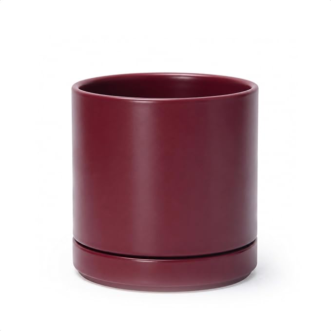 D'vine Dev 6.5 Inch Ceramic Planter Pot, Cordovan, 94-O-C-4 | Modern Cylinder Design, Drainage Hole & Saucer Included, Stable Structure, Elegant Home Accent