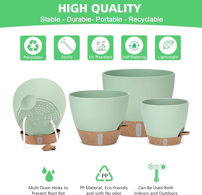 Self Watering Planter for Indoor Plants, 12" 10" 9" 8" Plastic Large Flower Pot Set with Water Level Indicator Deep Reservoir Saucer, Big House Bottom Watering Plant Pots with Drainage Hole - Green