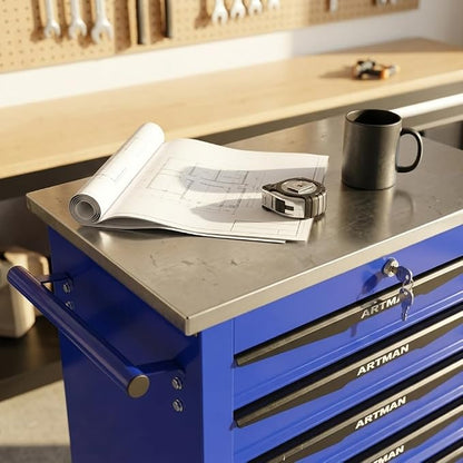 6-Drawer Rolling Tool Chest, Lockable Stainless Worktop for Garage, Blue | Heavy Duty Metal Tool Cabinet with Drawers on Wheels for Warehouse and Workshop Storage