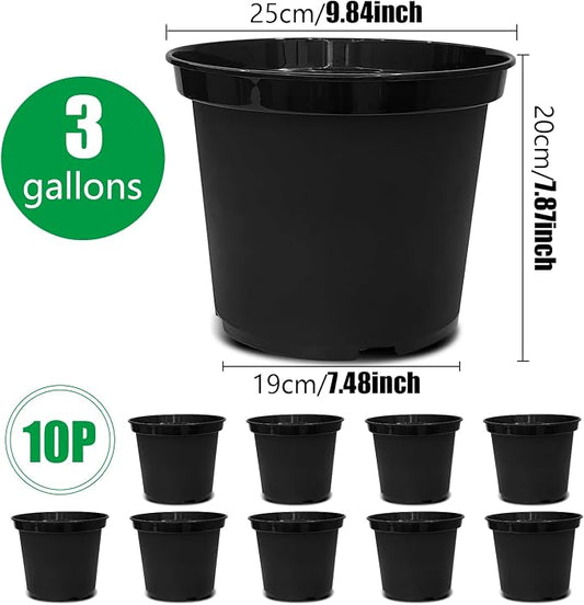 RooTrimmer 3 Gallon Plastic Nursery Pots, 10 Inch Round Plant Pots with Drainage Holes, 10 Pack Planting Pot for Outdoor Indoor Plants, Gardening Gifts for Women, Black