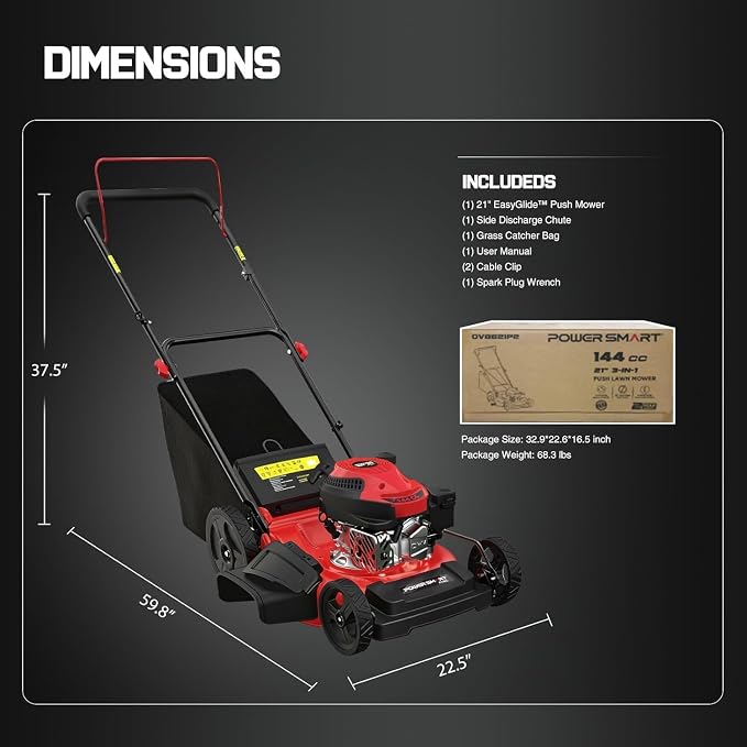 PowerSmart EasyGlide 21-inch 144cc Push Gas Lawn Mower, 3-in-1 Mulch/Bag/Side Discharge, Steel Deck, 6 Height Adjustment