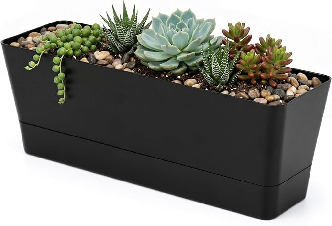 GREANER 12x3.8 Inch Herb Planters, 1 Pack Rectangle Window Boxes with Tray, Indoor Succulent Cactus Mint Plastic Pot for Windowsill, Balcony, Office, Outdoor Garden - Black