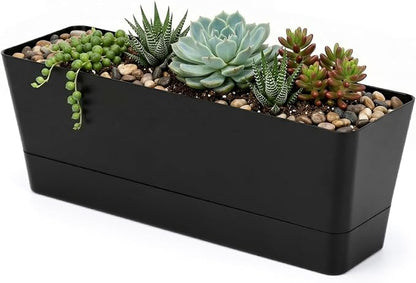 GREANER 12x3.8 Inch Herb Planters, 1 Pack Rectangle Window Boxes with Tray, Indoor Succulent Cactus Mint Plastic Pot for Windowsill, Balcony, Office, Outdoor Garden - Black
