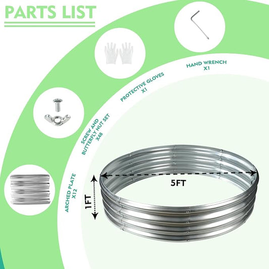12 Inch Tall 60 Inch Diameter Round Silver Raised Garden Bed Kits Outdoor | 1 FT Tall,5 FT Planter Bed for Flowers,Herbs,Vegetables,Trees,0.8MM Thick Galvanized Metal Painted,with Gloves,Tool free