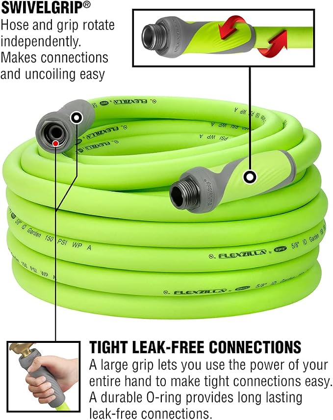Flexzilla Garden Hose with SwivelGrip, 5/8 in. x 75 ft., Heavy Duty, Lightweight, Drinking Water Safe, ZillaGreen - HFZG575YWS-E & Flexzilla Garden Hose Nozzle Kit, 3-Piece - HFZGAK01