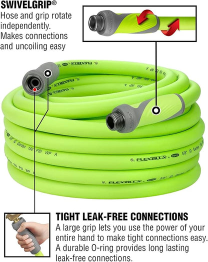 Flexzilla Garden Hose with SwivelGrip, 5/8 in. x 75 ft., Heavy Duty, Lightweight, Drinking Water Safe, ZillaGreen - HFZG575YWS-E & Flexzilla Garden Hose Nozzle Kit, 3-Piece - HFZGAK01