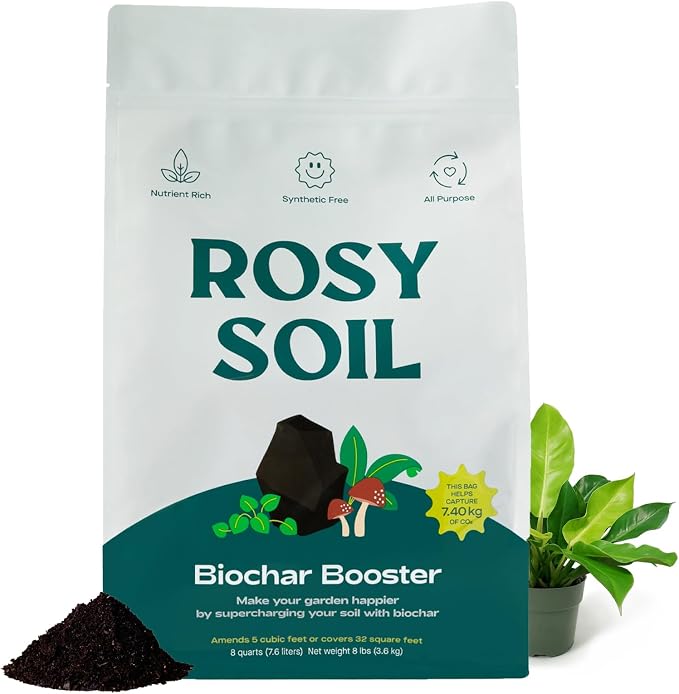 Rosy Soil Biochar Booster, Biochar Soil Amendment, 8 Quarts | Horticultural Charcoal, For Vegetable Gardens & Flowers, Outdoor & Indoor Plants, with Mycorrhizae, Worm Castings & Compost