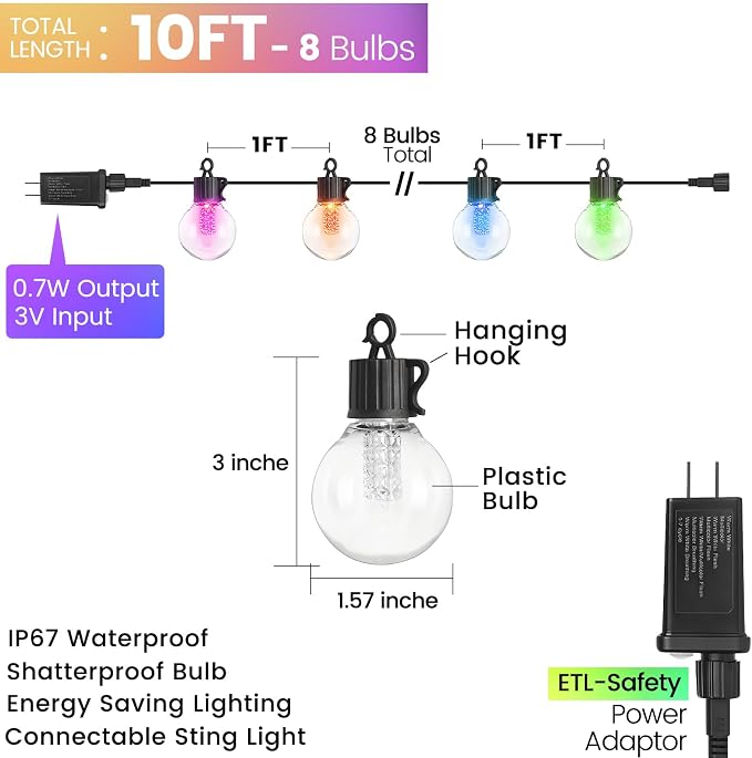 10FT Color Changing String Lights Outdoor- LED Patio Lights with 8 Shatterproof Waterproof RGB colored Bulbs, Colorful Hanging Lights for Party Outside Porch Bistro Backyard Garden Decorative - SOLROS