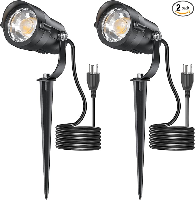 HIBOITEC 12W Spot Lights Outdoor 110V to 120V Landscape Lighting Waterproof Spotlight with 4.9ft 3-Plug LED Plug in Landscape Lights for Yard Garden Decorations 2900K 2 Pack