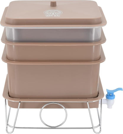 Arcadia Garden Products Worm Nerd WN55 4-Tray Worm Composting Bin Kit with Coco Coir Brick for Recycling Food Waste, Worm Castings, Worm Tea, Vermiculture and Vermicomposting, Tan