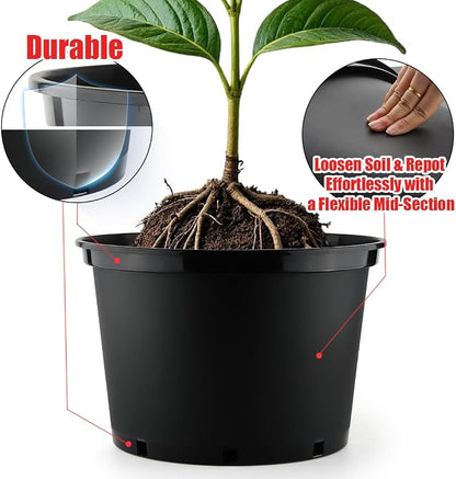 RooTrimmer 7 Gallon Plastic Nursery Pots, 15 Inch Large Plastic Pots for Plants, Round Plant Pots with Drainage Holes, Flower Pots for Outdoor Indoor Plants, Gardening Gifts for Women (5-Pack, Black)