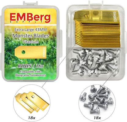 EMBerg Monster XL Blades (18 Pack) for Automower Models as Well as Gardena and McCulloch Robotic Lawnmowers. (Titanium)