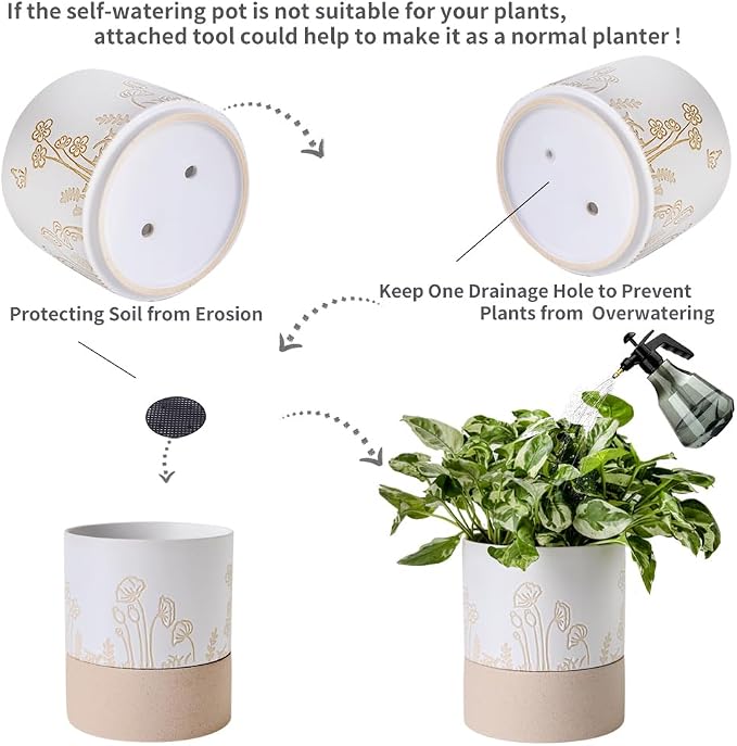 Nihow Self Watering Pots for Indoor Plants,6 Inch,White & Nature | Hand Painting,Ceramic Planter, Drainage Hole & Water Storage Plus, Cylinder Round Flower Pot, For Succulent/Herbs/Violets
