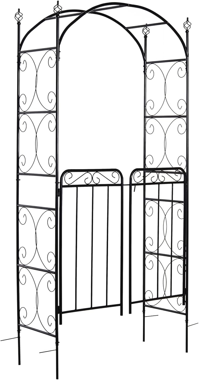 Outsunny 84" Garden Arch Arbor with Gate, Metal Arch Trellis, Garden Archway for Climbing Vines, Wedding Ceremony Decoration, Flourishes & Arrow Tips, Black