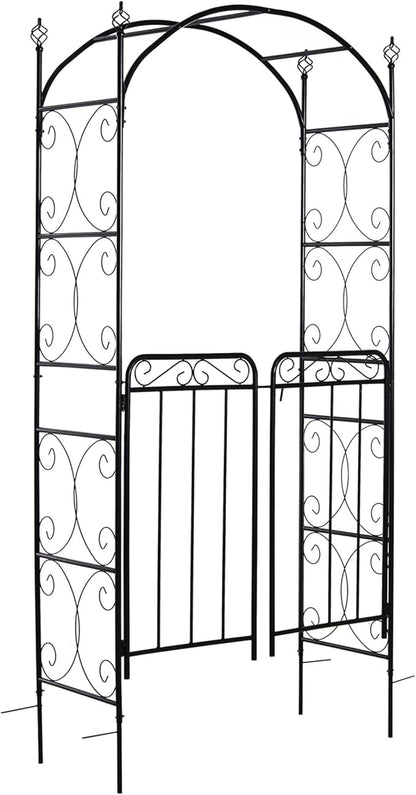 Outsunny 84" Garden Arch Arbor with Gate, Metal Arch Trellis, Garden Archway for Climbing Vines, Wedding Ceremony Decoration, Flourishes & Arrow Tips, Black