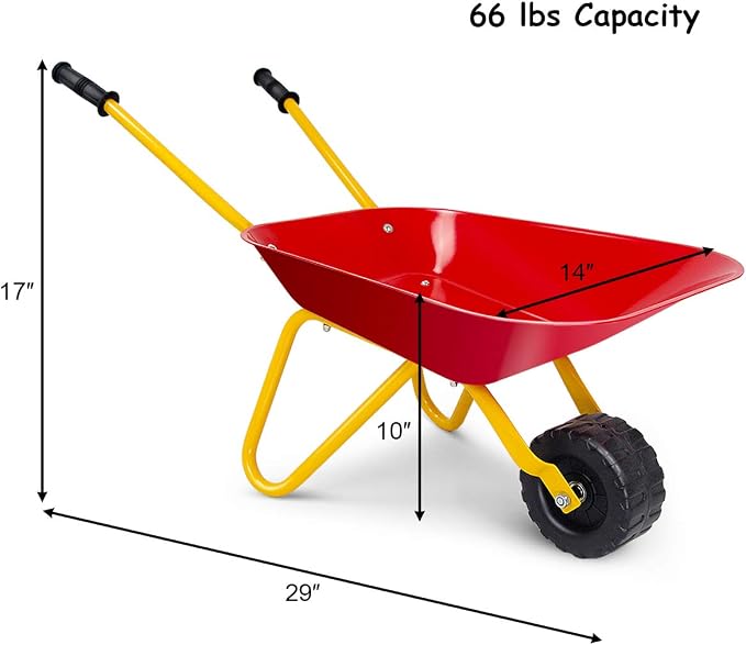 Costzon Kids Wheelbarrow, Metal Construction Toys Kart, Child Wheel Barrel w/Non-Slip Handle, Wearable Wheels, Yard Rover Steel Tray, Tote Dirt/Leaves/Tools in Garden for Toddlers (Red)