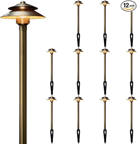 Gardencoin Solid Brass Low Voltage Landscape Pathway Lights (6'' Shade, 19'' Tall), 12V LED Heavy Duty Path Lighting Outdoor Wired, Waterproof Antique Bronze Walkway Light Without G4 Bulb,12 Pack