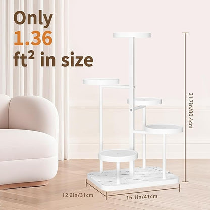 LASZOLA 5 Tier Tall White Plant Stand Rack Indoor Outdoor House, Heavy Duty Multi Level Metal Organizer, Vertical Narrow Unique Spiral Folwer Holder, Plastic Marble Decor for Patio Bathroom Office